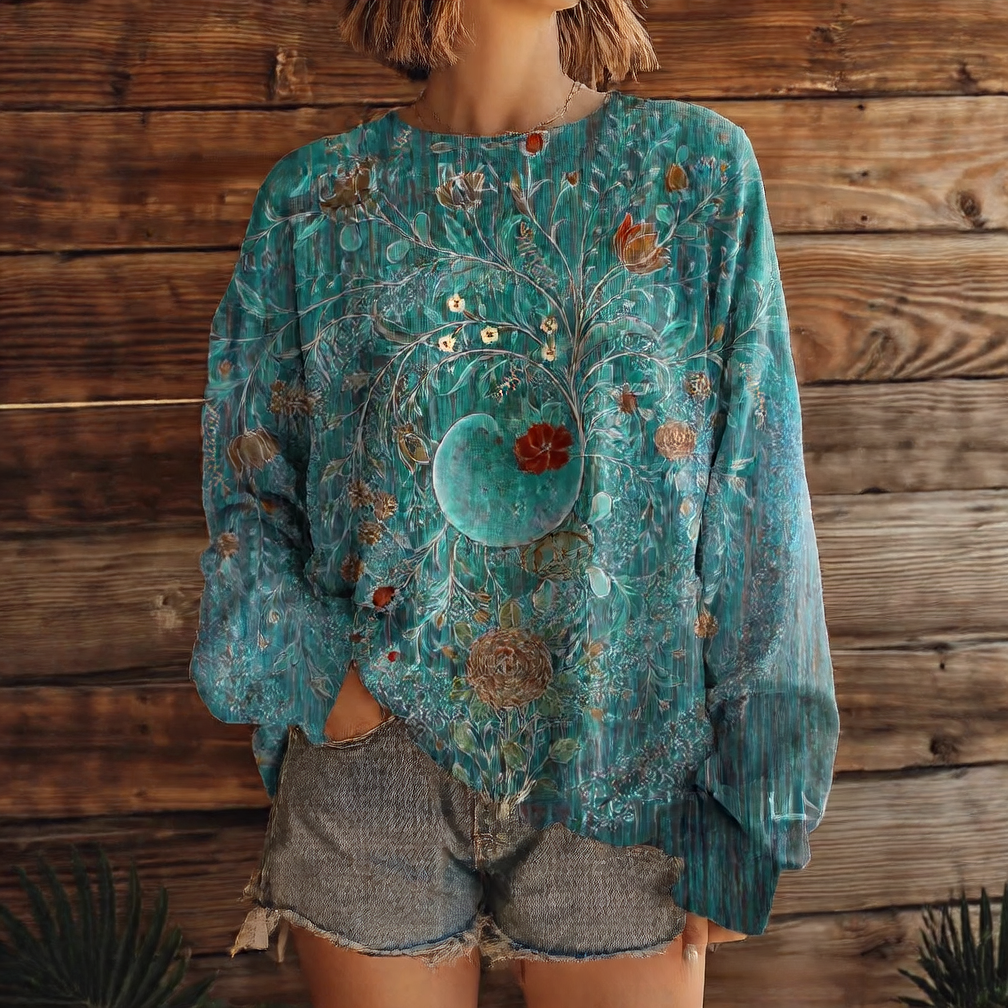 Floral multi-color printed women's round-neck sweater-like blouse