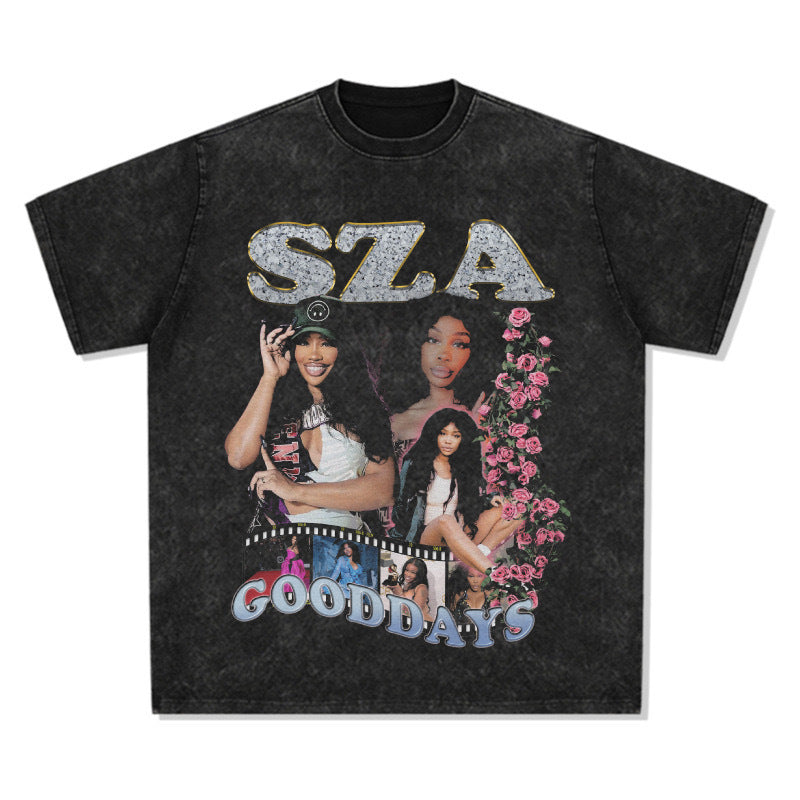 Printed washed short-sleeved T-shirt
