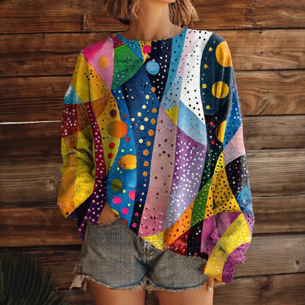 Floral multi-color printed women's round-neck sweater-like blouse