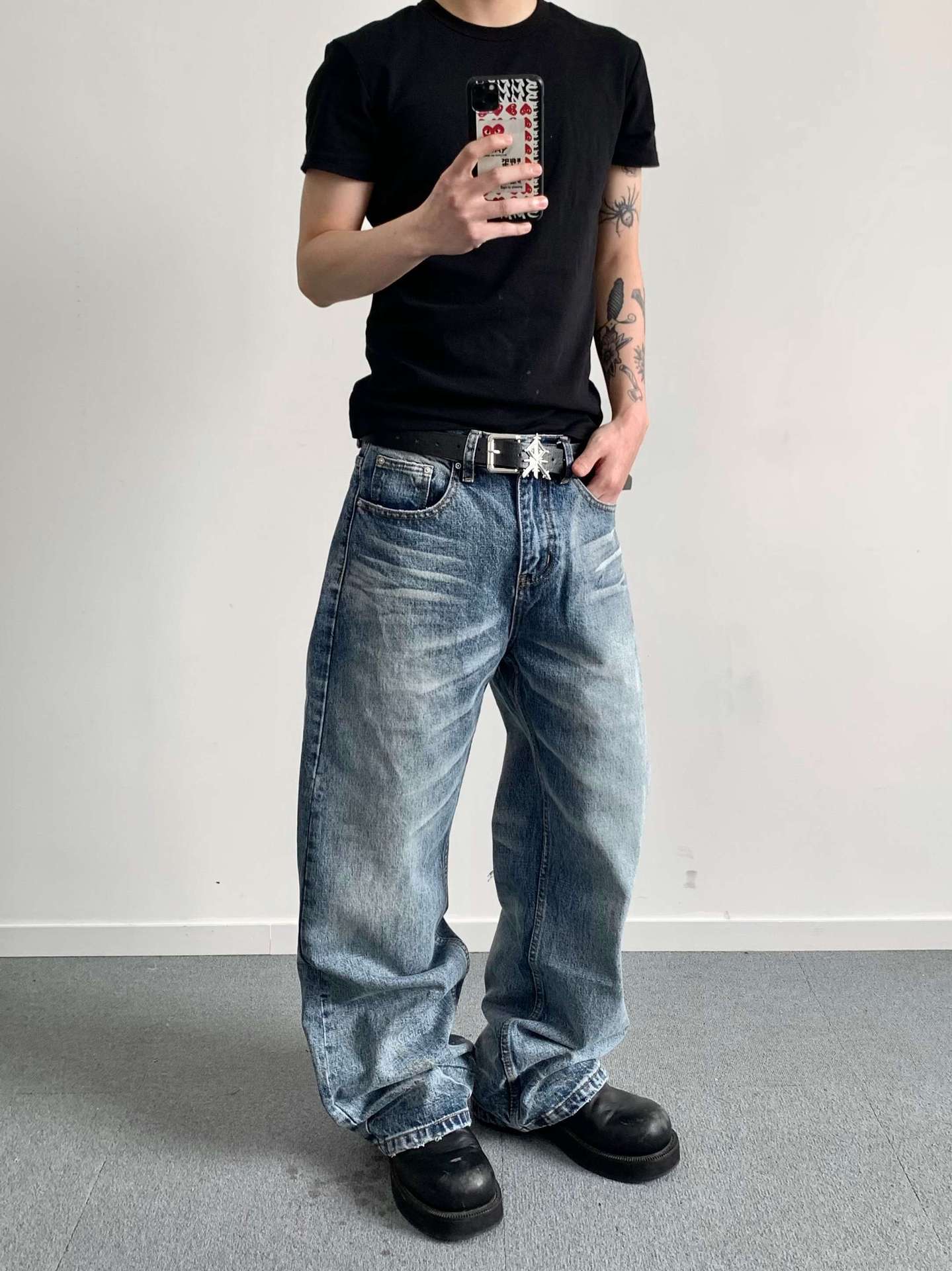 Men's Washed Straight Leg High Waist Jeans