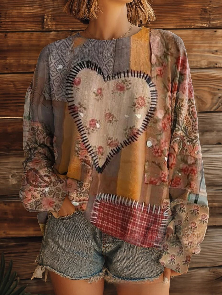 Floral multi-color printed women's round-neck sweater-like blouse