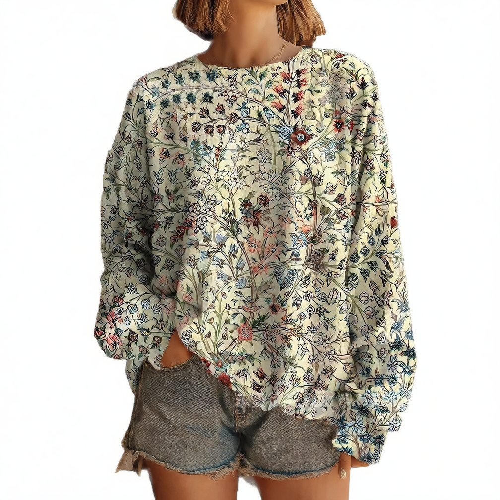 Floral multi-color printed women's round-neck sweater-like blouse
