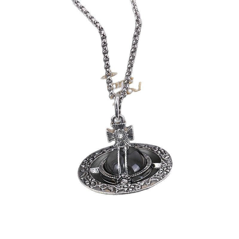 Stereo Saturn Necklace with Natural Stone Pendant