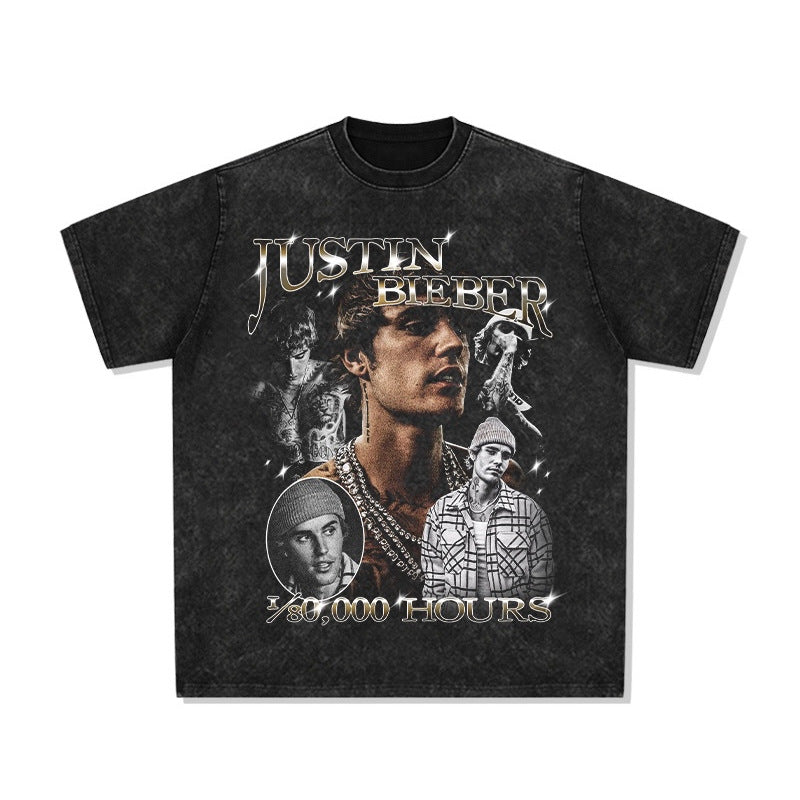 Printed washed short-sleeved T-shirt