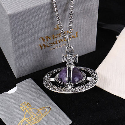 Stereo Saturn Necklace with Natural Stone Pendant