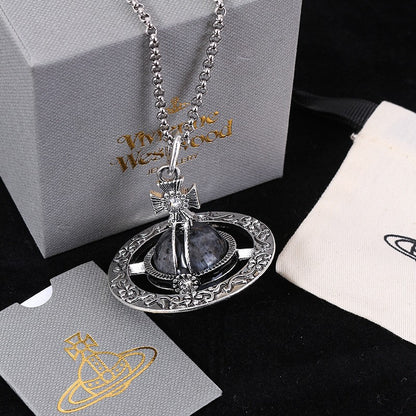 Stereo Saturn Necklace with Natural Stone Pendant