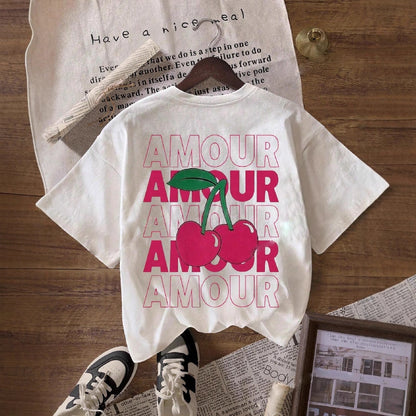 Printed Cherry Pattern Round Neck T-shirt