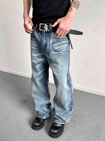 Men's Washed Straight Leg High Waist Jeans