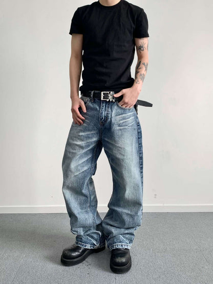 Men's Washed Straight Leg High Waist Jeans