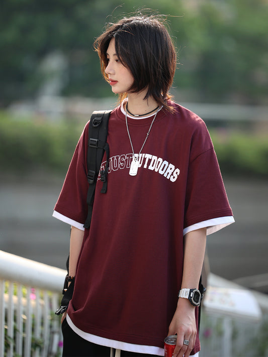 Wine red simple short-sleeved T-shirt