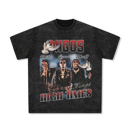 Printed washed short-sleeved T-shirt