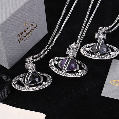 Stereo Saturn Necklace with Natural Stone Pendant