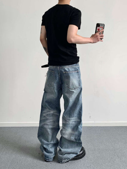 Men's Washed Straight Leg High Waist Jeans