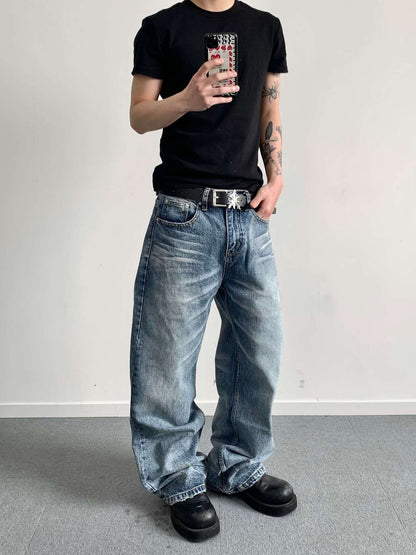 Men's Washed Straight Leg High Waist Jeans