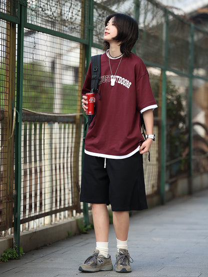 Wine red simple short-sleeved T-shirt