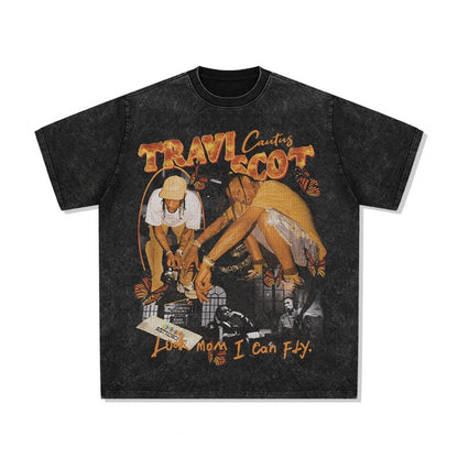 Printed washed short-sleeved T-shirt