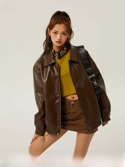 Women's Brown PU Motorcycle Leather Jacket Spring Outwear