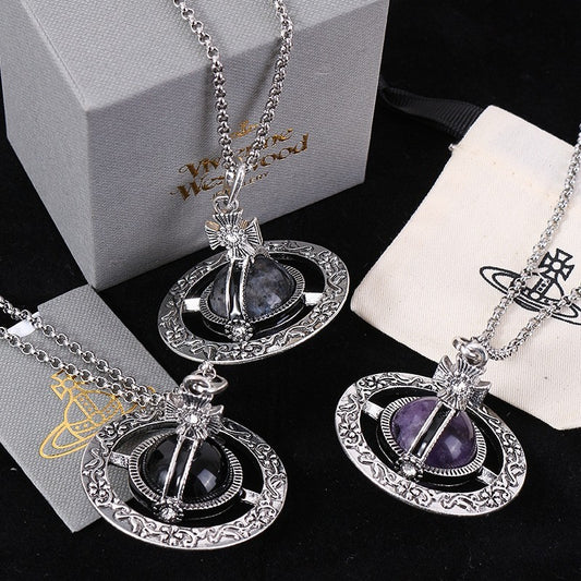 Stereo Saturn Necklace with Natural Stone Pendant