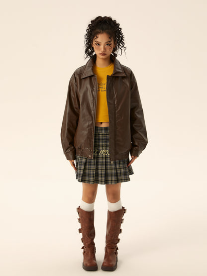 Women's Brown PU Motorcycle Leather Jacket Spring Outwear