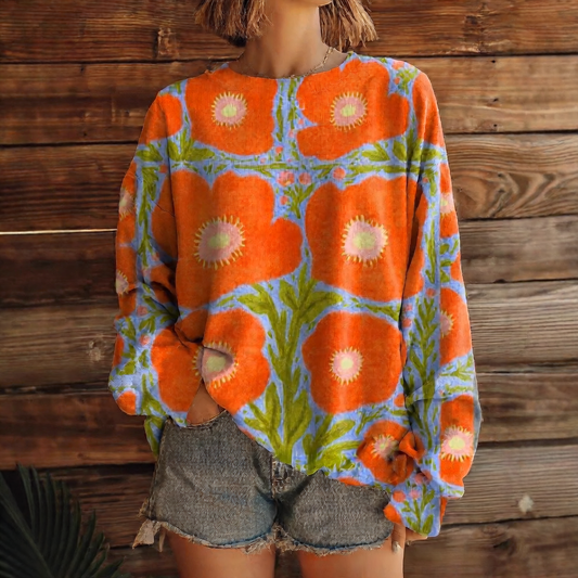 Floral multi-color printed women's round-neck sweater-like blouse