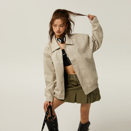 Women's Brown PU Motorcycle Leather Jacket Spring Outwear