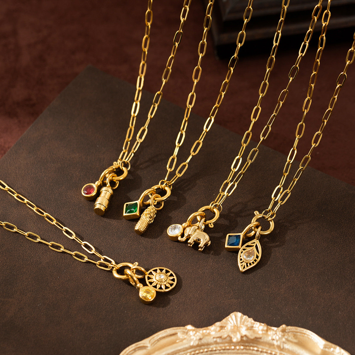 Stainless Steel Zircon Feather Pendant Necklace