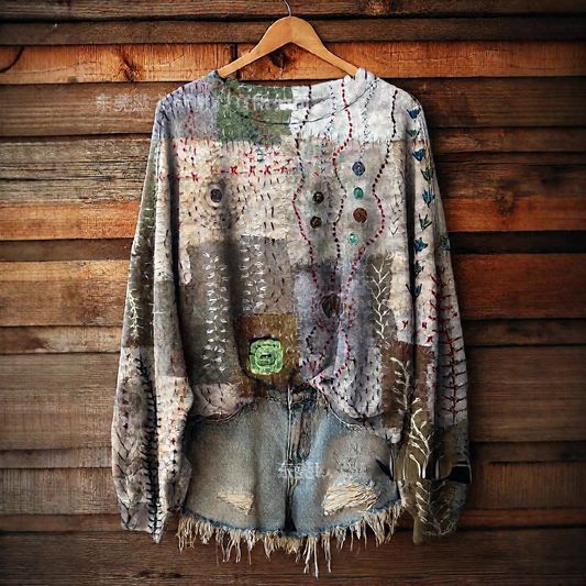 Floral multi-color printed women's round-neck sweater-like blouse